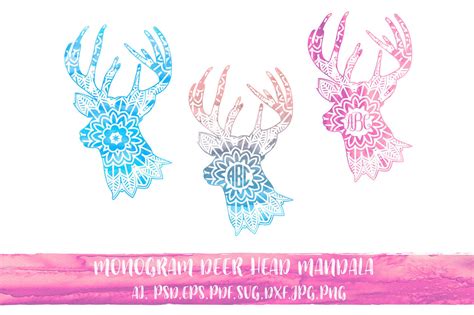 Download Free Monogram Deer Head Mandala with watercolor Cut Images